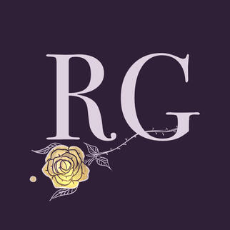 Icon for Rose of Gloucester Zine. Image is stylized "RG" in white in a dark purple background, with a gold rose entwined.